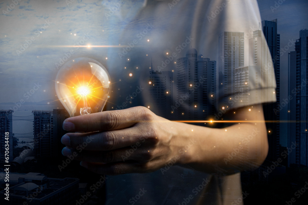 Aufkleber concept. a man holds a light bulb. new ideas with innovative technology and creativity. create a con