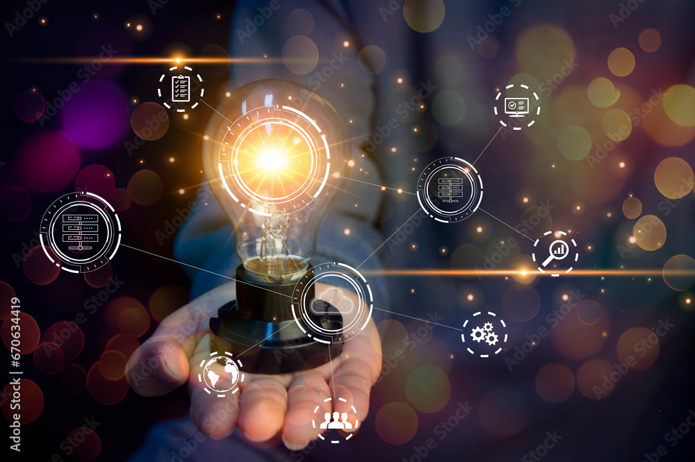 Aufkleber concept. a man holds a light bulb. new ideas with innovative technology and creativity. create a con