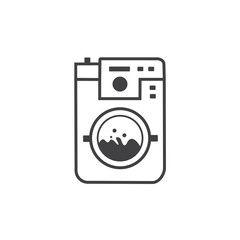 Washing machine icon, flat style line art black and white. Clothes dryer, washer or Laundry logotype Vector design template on white background.
