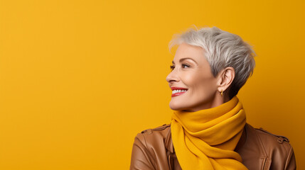 Kobieta w średnim wieku uśmiechnięta patrzy w lewą stronę na żółtym tle - obrazy, fototapety, plakaty