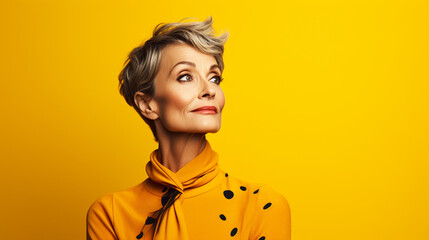 Kobieta w średnim wieku uśmiechnięta patrzy w prawą stronę na żółtym tle