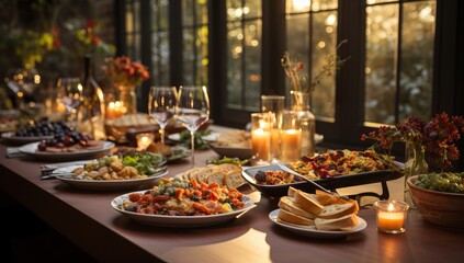 Fototapeta premium Restaurant table set with food and wine in the evening.