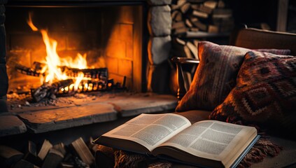 Cozy fireplace with open book and pillows