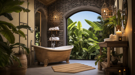 Fototapeta na wymiar Modern tropical style bathroom with a bathtub