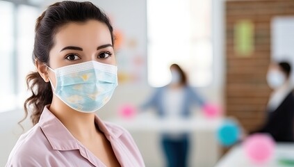 businesswoman in medical mask looking at camera in office during pandemic