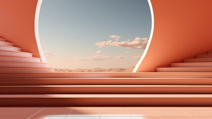 A solitary staircase rises against the vast desert sky, framed by billowing clouds and the window of a distant building