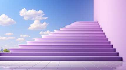 A majestic purple staircase leading to the endless expanse of the blue sky, adorned with fluffy clouds, beckons one to climb and explore the vibrant outdoor world beyond the walls of the building