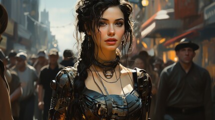 A gothic woman, dressed in a costume that seems to blend fantasy and reality, roams the streets with confidence and mystery, embodying the beauty and power of unconventional fashion - obrazy, fototapety, plakaty