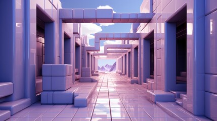 A grand hallway, with tall windows overlooking majestic mountains, leads to a building where the sky meets the floor and the ground holds endless possibilities