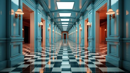 The symmetrical blue walls of the long hallway lead to a checkered floor, where indoor art adorns the ceiling, creating a mesmerizing and modern display of flooring
