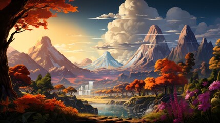 An enchanting painting of a vibrant landscape, with majestic mountains looming over a tranquil river, dotted with delicate flowers and crowned with wispy clouds - obrazy, fototapety, plakaty