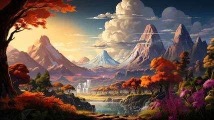 Fotobehang An enchanting painting of a vibrant landscape, with majestic mountains looming over a tranquil river, dotted with delicate flowers and crowned with wispy clouds © Envision