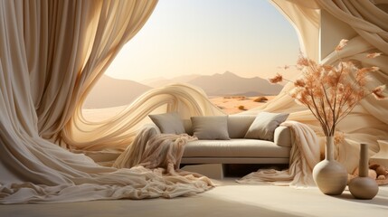 Amidst the barren landscape, a couch draped in luxurious curtains and adorned with a vibrant vase and plush pillows creates an oasis of comfort and style within the confines of a desert abode - obrazy, fototapety, plakaty