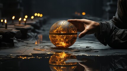 A person's hand reaches out to touch a shimmering sphere, surrounded by the peaceful reflections of water and bathed in the ethereal light of the great outdoors - Powered by Adobe
