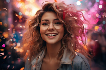 beautiful young girl portrait, happy face, holiday lights background, city street