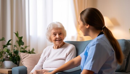 Obraz premium Nurse talking to elderly patient
