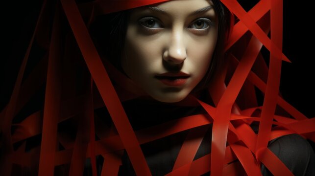 A captivating portrait of a mysterious woman adorned with red tape, captured in a image that exudes a dark and artistic energy