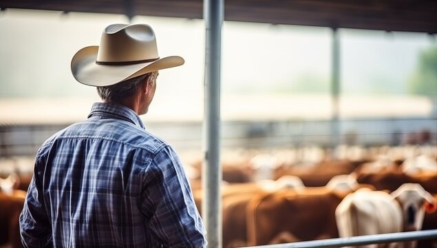 Rear view of a senior cowboy looking at cows in a farm
