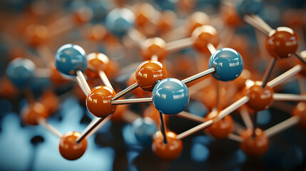 3d render of a molecule. Illustration for chemistry and physics poster. Molecular atomic structure. atom connections toy, chemistry magazine cover, scientific research concept. Spherical particles