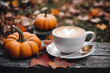 decoration for Halloween, still life, a cup of hot latte and pumpkins on an old wooden table against the background of beautiful autumn nature at sunset