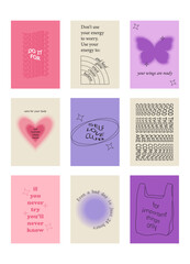 Set of positive social media quotes, motivation posters on trendy abstract background in neutral colors.