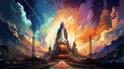 An electrifying anime-inspired painting captures the breathtaking launch of a rocket into the starry night sky, igniting a sense of wonder and adventure within the city below - obrazy, fototapety, plakaty