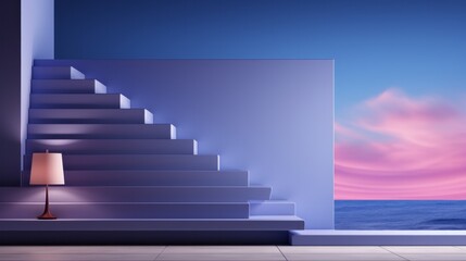 As the sky blushed with the first rays of sunrise, a white staircase stood tall against the wall, a stunning piece of outdoor art amidst the ever-changing seascape of clouds