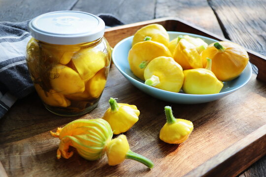 Marinated pattyson. Jar with vegetable preserves