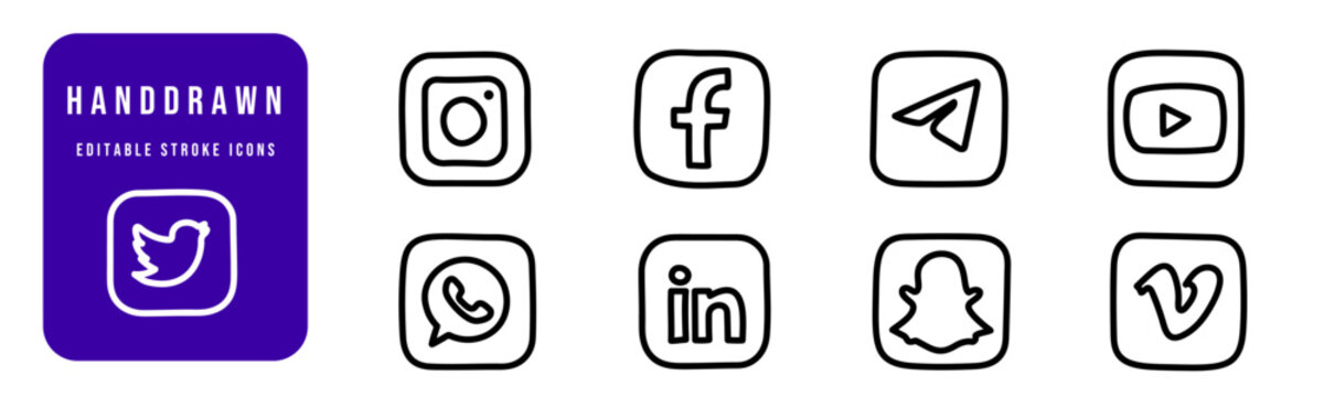 Set of popular social app hand drawn icons: facebook, instagram, twitter, youtube...