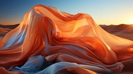 Fotobehang As the sun sets over the endless expanse of sand, a vibrant orange fabric is thrown over the desert, blending with the sky and creating a wild, fluid landscape that stirs soul with its raw beauty © Envision