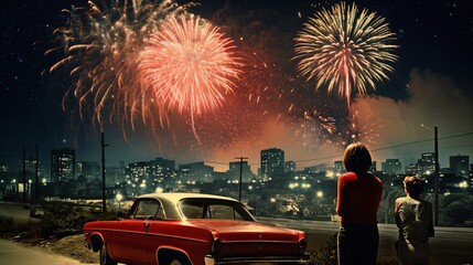 mom and son stopped the car at the curb and look to fireworks over night city sky, holiday background, bright colorful lights - obrazy, fototapety, plakaty