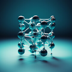 3d render of a molecule. Illustration for chemistry and physics poster. Molecular atomic structure. atom connections toy, chemistry magazine cover, scientific research concept. Spherical particles.