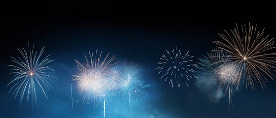 Fototapeta premium fireworks in night sky, holiday background, bright colorful lights