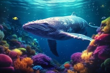Fototapeta na wymiar A giant whale swims in the vast blue sea surrounded by colorful coral reefs. Generative AI