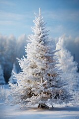 Christmas tree in a winter forest, covered by snow, white, beautiful nature