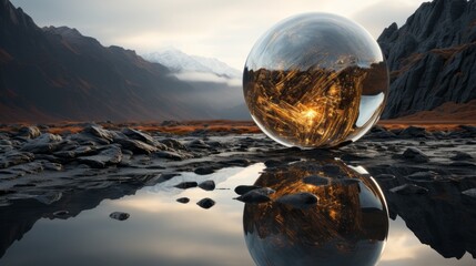 A shimmering orb rests atop a rugged peak, mirroring the endless expanse of sky and water below, while the jagged rocks below evoke a sense of untamed beauty in this stunning outdoor landscape - obrazy, fototapety, plakaty