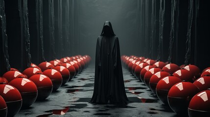 A mysterious figure cloaked in black stands amidst a sea of vibrant red orbs, their presence exuding an aura of enigma and intrigue