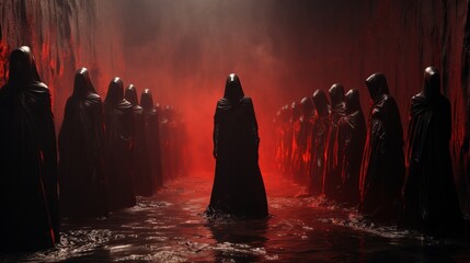 Silhouettes of a mysterious cult, cloaked in darkness and drenched in blood-red hues, wade through murky waters with an otherworldly intensity