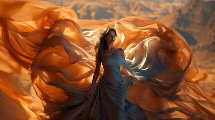 A woman's flowing dress cascades against the backdrop of a rugged canyon, embracing the untamed beauty of the desert landscape - obrazy, fototapety, plakaty