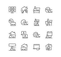 Set of work place related icons, working, remote work, video conference, coworking, freelancer, home office and linear variety symbols.	
