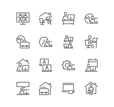 Set of work place related icons, working, remote work, video conference, coworking, freelancer, home office and linear variety symbols.	
