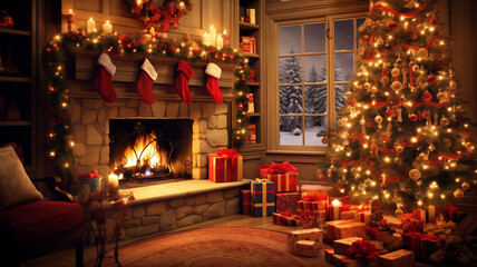 Christmas room with a fireplace