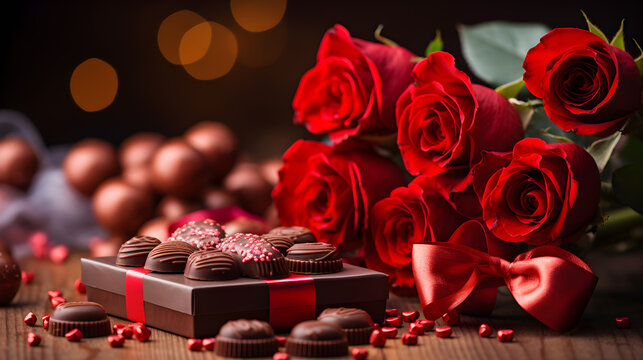 ramo de rosas rojas y chocolates regalos por el dia de san valentin y luces brillantes 