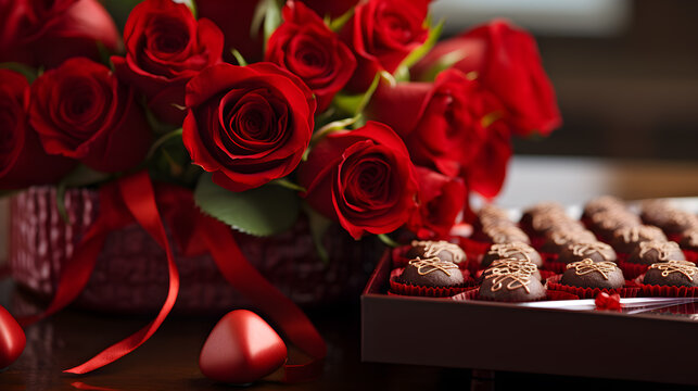 ramo de rosas rojas y chocolates regalos por el dia de san valentin y luces brillantes 
