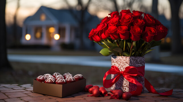 ramo de rosas rojas y chocolates regalos por el dia de san valentin y luces brillantes 
