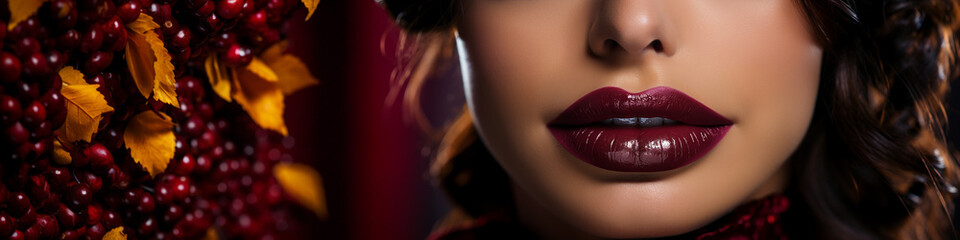 Fototapeta premium Close-up Red Lips: Model with Burgundy Lipstick, Autumnal Look, Cosmetic Detail.
