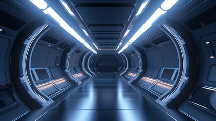 Fototapeta premium Futuristic tunnel with light, Spaceship corridor. interior view. Future background. generative ai