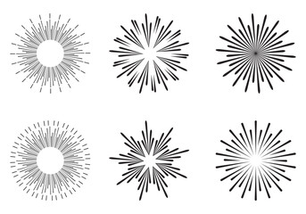 Radial sun burst. Sunburst radial stripes vector icon set. Starburst collection. Sun rise light round decoration elements. Vector illustration. - obrazy, fototapety, plakaty