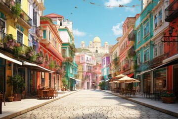 Vibrant colorful buildings aligning cobbled streets leading to a historic cathedral. European city charm. - obrazy, fototapety, plakaty