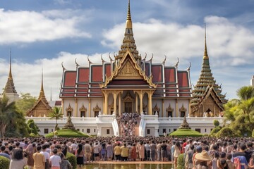 Fototapeta premium Traditional gathering at ornate temple, showcasing architectural grandeur and cultural significance.